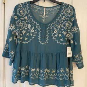 Free People Green Top Pennies Sequel Embroidered